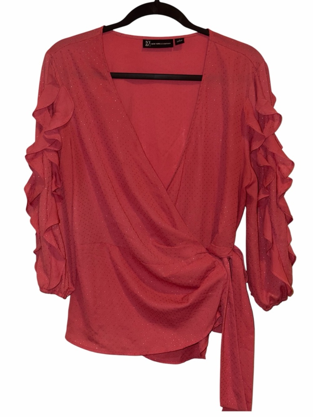 New York & Company Coral Wrap Top with Ruffle Sleeves
